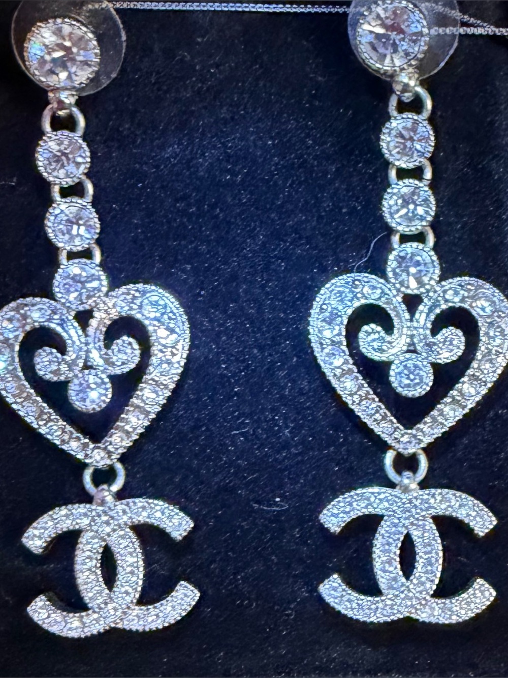 Authentic Chanel Silver Crystal Heart Drop Earrings with CC